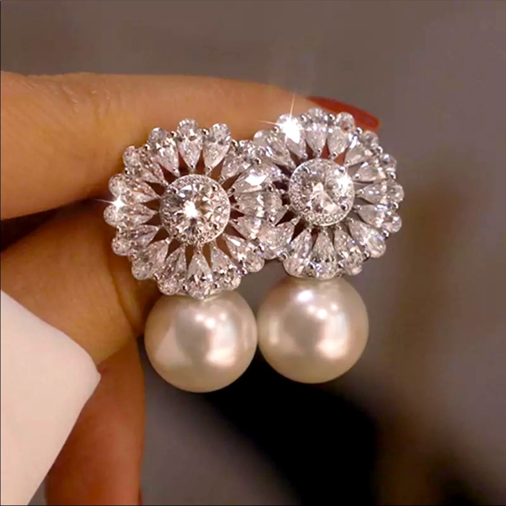 Bridal Pearl earrings with AAAA++ CZ Diamond
